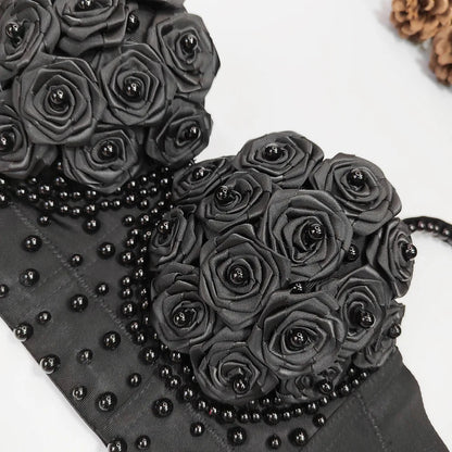 New 2025 Sexy Vest Corset Women Three-dimensional Flowers Roses Pearls Short Tops Party Bustier Push-up Bra Strap Crop Top 42913