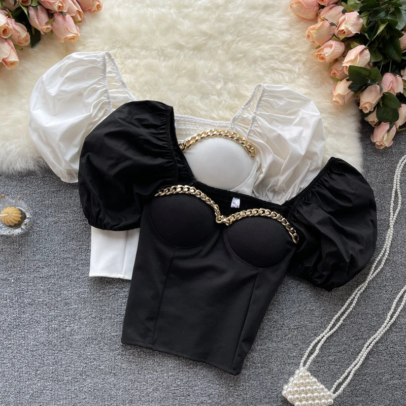 Belly Button Shirt Chic Chain Off Shoulder Expose Clavicle Tank Top Summer Puff Sleeve Crop Tops Women Elegant Sexy Slim Blouses