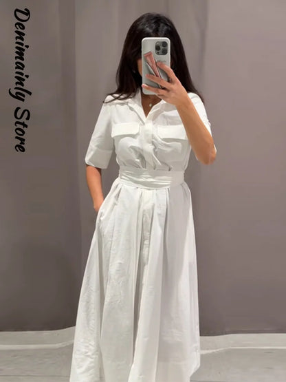 Casual Striped Women Summer Dress Lapel Single Breast Half Sleeve Slim Waist Long Dresses 2026 Autumn Lady Fashion Vacation Robe