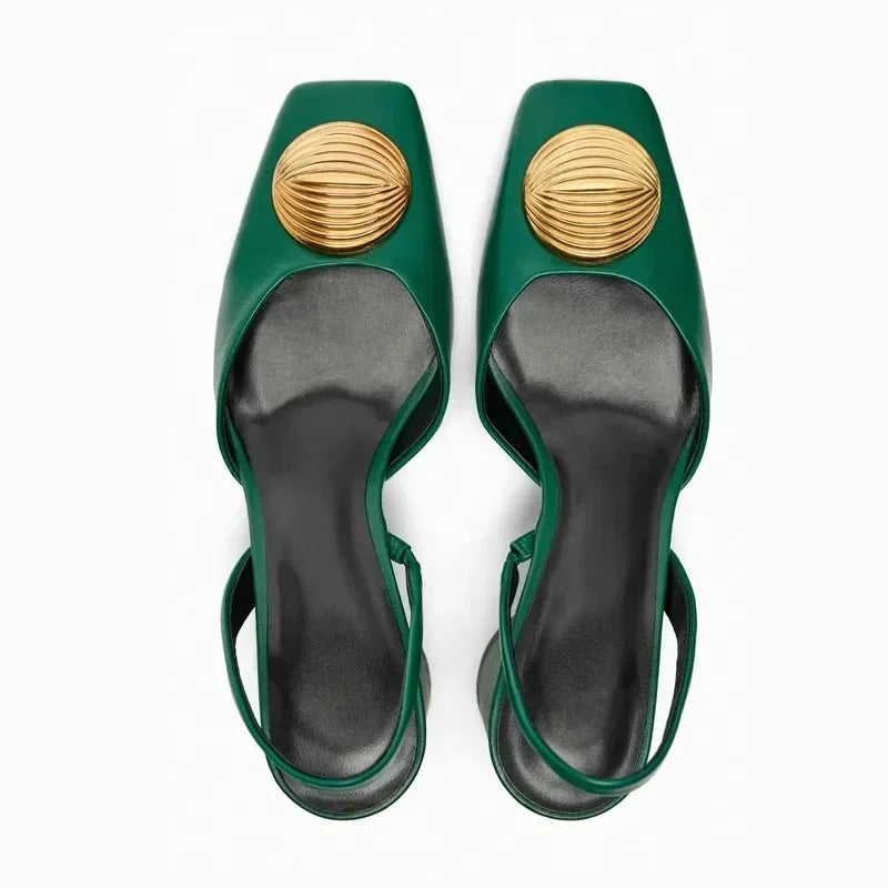 Designer Brand Sandals Women Pumps Metal Decoration Fashion Square Toe Chunky Heels Dress Shoes Elegant High Heels Ladies Mules