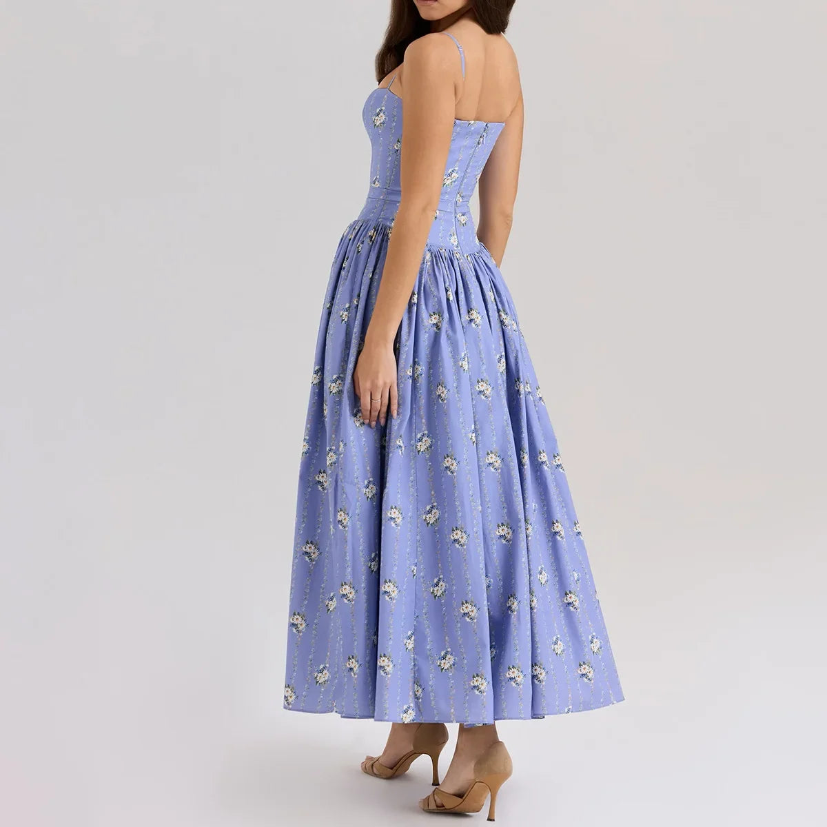 Oligai Floral Print Midi Sundress Elegant Spaghetti Strap Flowy Dress Aussie Summer Women Boho Chic Beach Dress