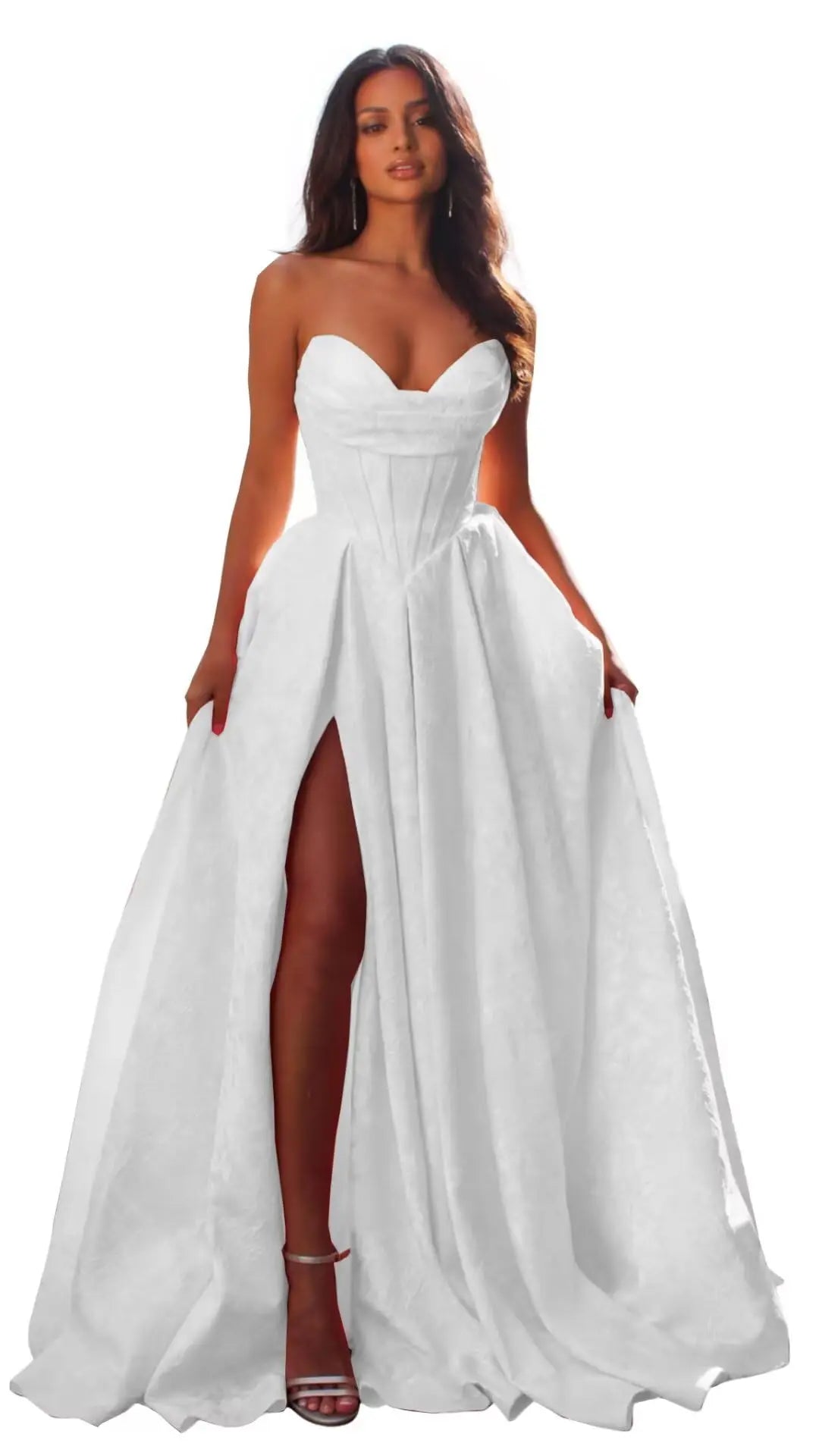 Women Elegant Jacquard Satin Prom Dresses with Slit Strapless Corset A Line Long Formal Gowns Evening Gowns Party Dresses