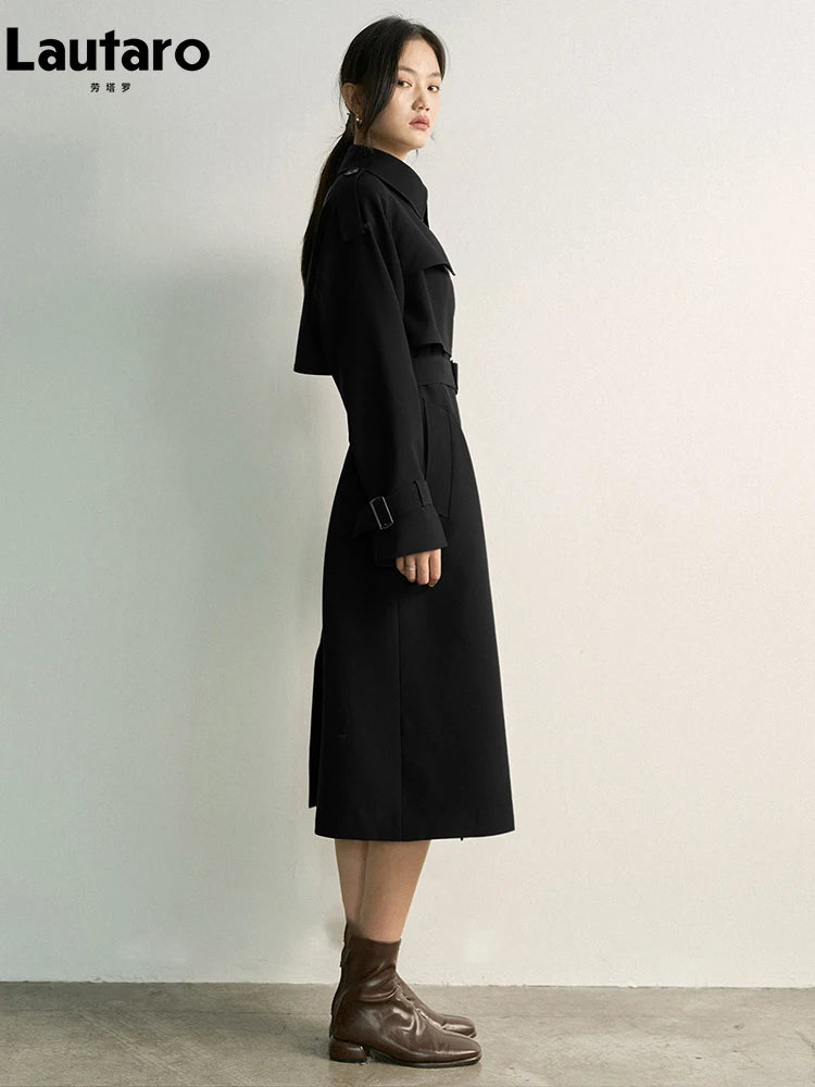Lautaro Spring Autumn Khaki Long Trench Coat for Women Double Breasted Elegant Luxury Chic British Style Fashion Overcoat 2026