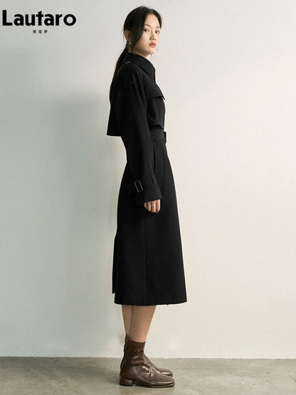 Lautaro Spring Autumn Khaki Long Trench Coat for Women Double Breasted Elegant Luxury Chic British Style Fashion Overcoat 2026