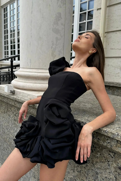 2025 Summer Fashion New Elegant Temperament Party Evening Dress For Women Flower Sleeveless Off-Shoulder Sexy Pleated Rose Dress