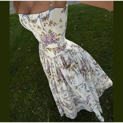 Chic Flower Print A-line Maxi Dress Women Elegant High Waist Strapless Backless Slim Vestidos Lady Summer Vacation Robes LIX8