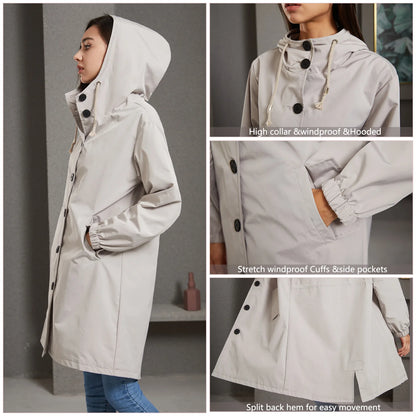 Spring Autumn Women's Trench Coat Water-Repellent Hooded Windbreaker Outdoor Loose Casual Zipper Long Jacket