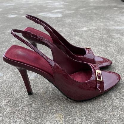 Sexy Red Patent Leather High Heels Women Summer Luxury Designer Metal Buckle Belt Back Strap Designer Sandals Sandalias Mujer