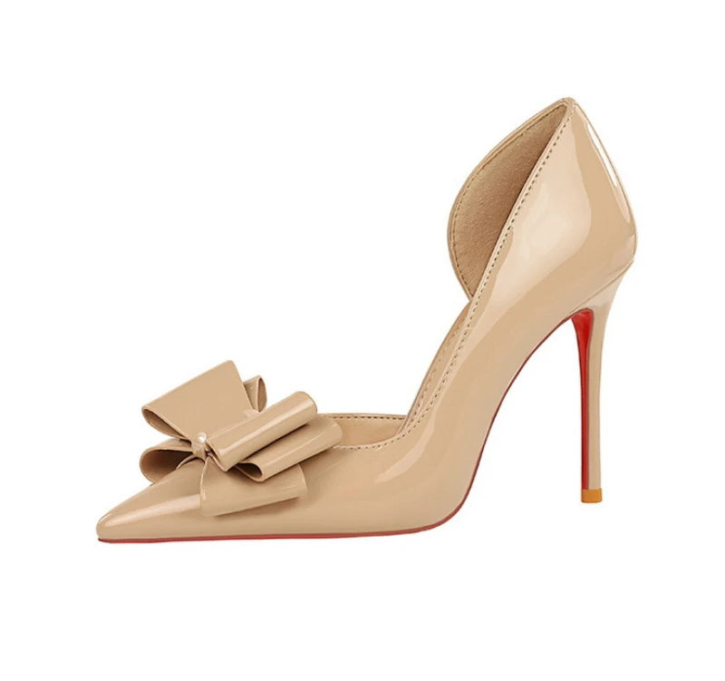 Nude Patent Leather Pointed Toe Stiletto Heel Pumps With Bow Cut Out High Heels For Wedding Party Prom Evening Formal Dress