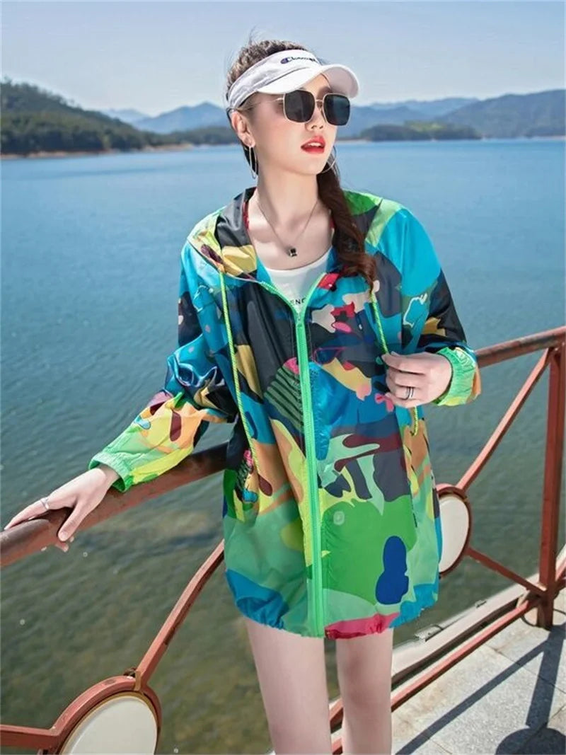 Female 2024 Summer New Camouflage Thin Sun Protection Clothing Women Short Anti-Ultraviolet Korean Sun Protection Clothing A1137