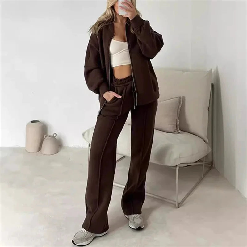 2025 Sweatshirt Two-piece Suit Women's Casual Sports Sets Autumn Winter Zip-up Short Coat Straight Trousers 2-piece Sets S-5XL