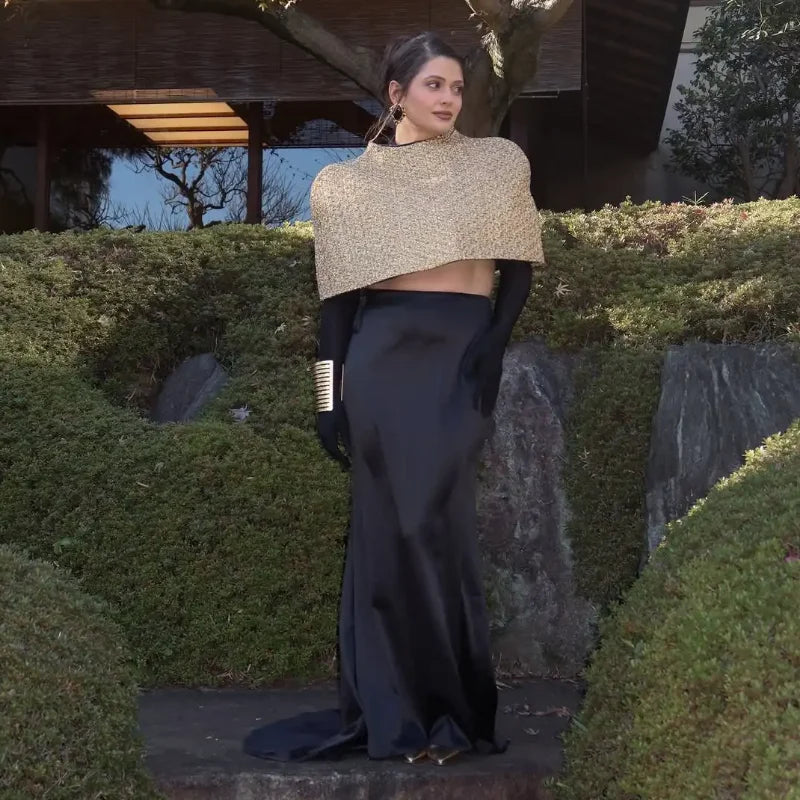 Women Elegant Gold Sparkle Capelet Top Shiny Tweed Shoulder Wrap Turtleneck Short Cloak New Lady Evening Club Party Tops 2026
