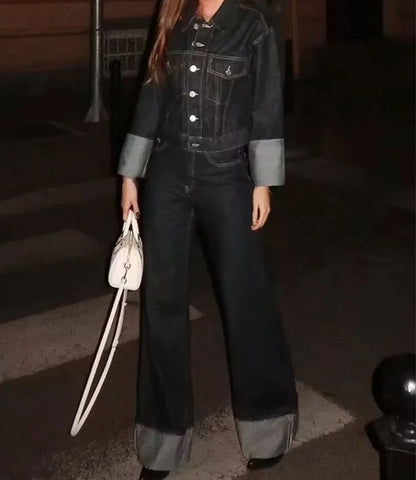 Women's Fashion Suit Retro Splicing Single-breasted Pocket Denim Jacket+High-waisted Women's Zippered Wide-leg Pants 2-piece Set