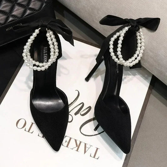 Comemore 2025 Summer  Bow Black High Heel Sandals Lace-up Solid Ladies Shoes Fashion Thin Heels Buckle Women's Sandals banquet