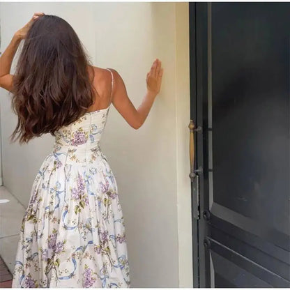 Chic Flower Print A-line Maxi Dress Women Elegant High Waist Strapless Backless Slim Vestidos Lady Summer Vacation Robes LIX8