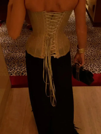 Sexy Sequin Lace Up Shell Corset Women Chic Strapless Backless Off Shoulder Bodycon Waist Cinching Vest New Lady High Street Top