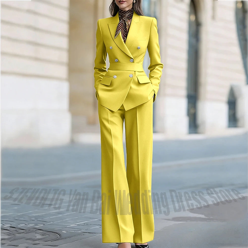 Customized Straight Women's Suits Two Pieces Classic Double Breasted Solid Color High Street Business Casual Office Suit Set