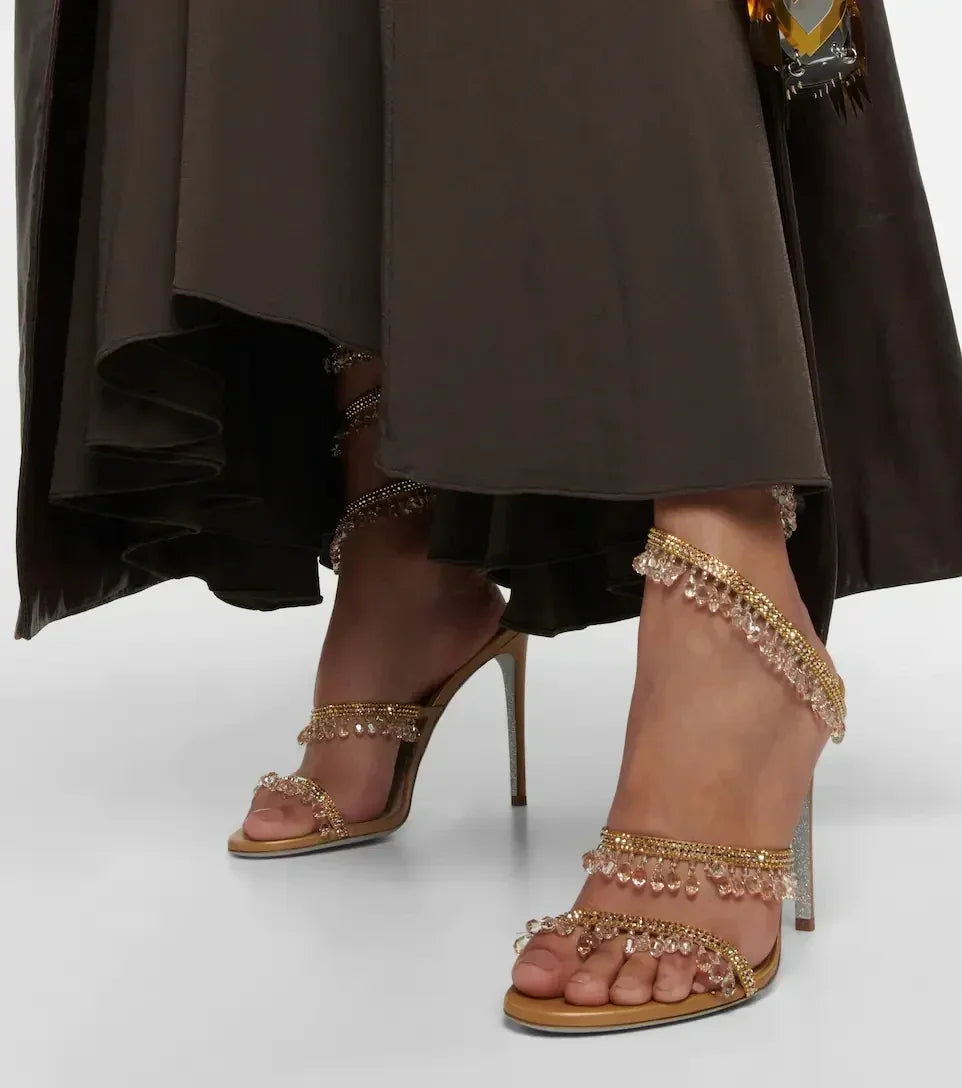 2024Women's New Water Diamond Sandals Fashion Tassel Crystal Shoes Sexy Banquet Party Twin Stiletto Women's Large Sandals