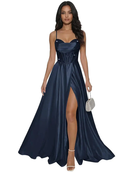 Pleated Satin A Line Prom Dresses for Women Spaghetti Straps Sequin Corset Formal Dress with Slit Formal Dress Women Elegant