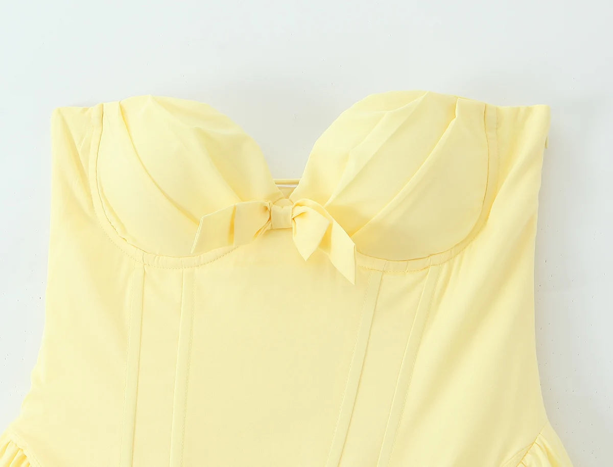 3 colors Sexy Wire Chest Boning Slim Waist Long Strapless Dress Women Cross Lacing up Back Ruched Hem Swing Party Vestido Yellow