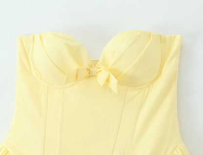 3 colors Sexy Wire Chest Boning Slim Waist Long Strapless Dress Women Cross Lacing up Back Ruched Hem Swing Party Vestido Yellow