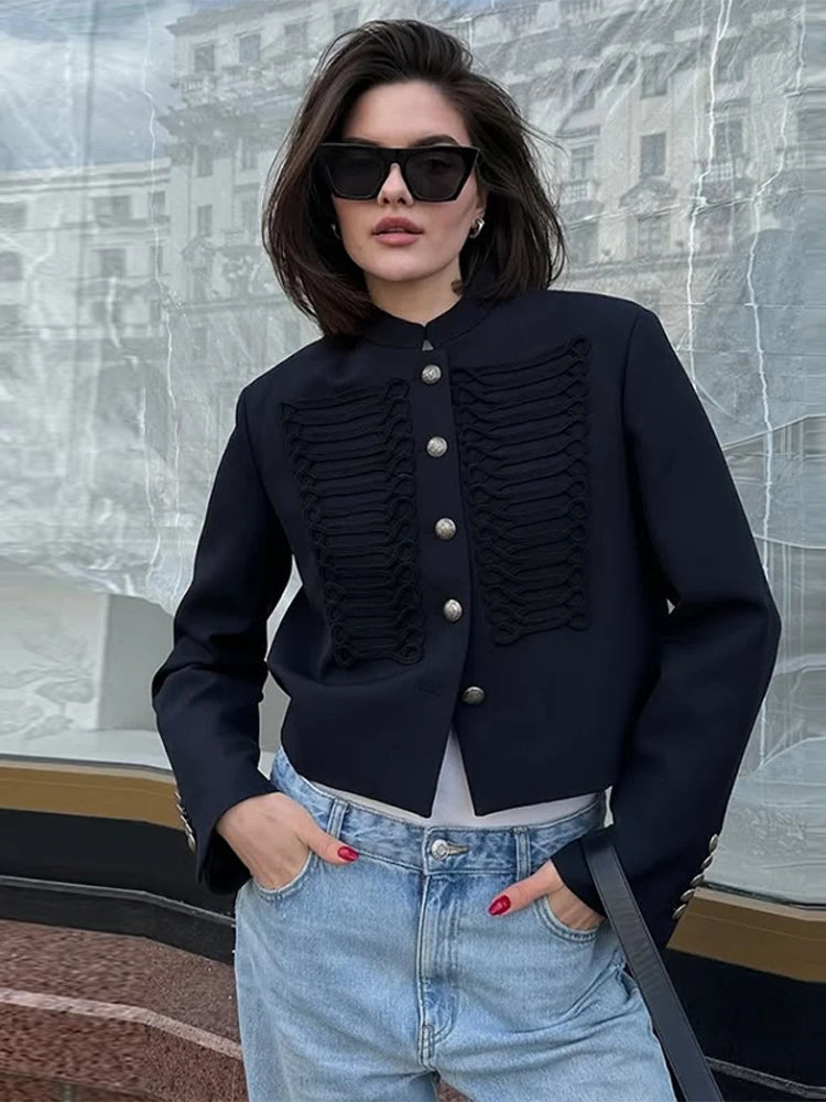 Vintage Napoleon Short Jacket for Women Stand Collar Full Sleeve Single-Breasted Slim Coat 2026 Spring Lady New Streetwear