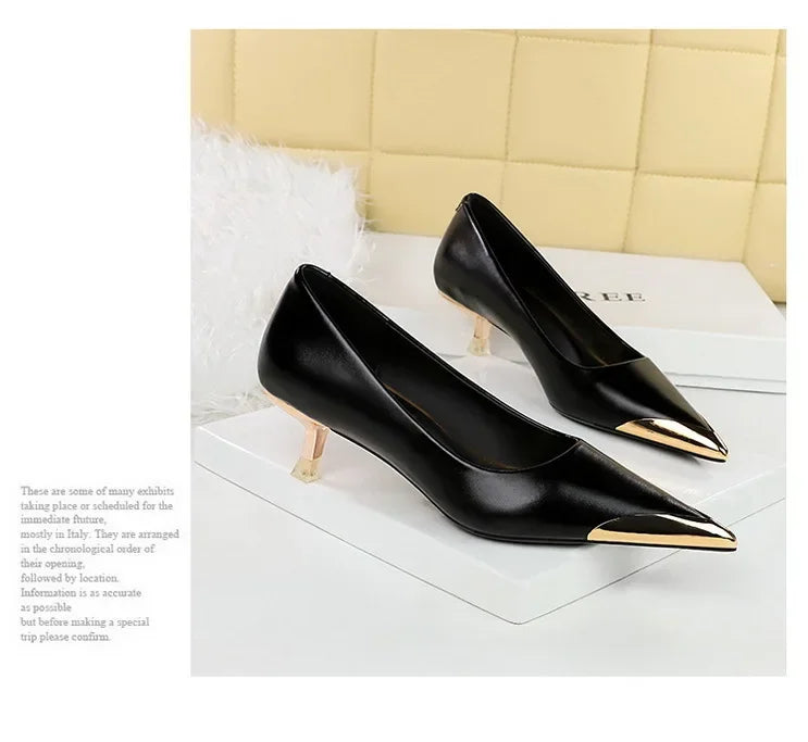 BIGTREE Retro Shallow Metal Pointed Toe High Heels Women Pumps  Stripper Elegant Party Thin Low Heels Black Heels Shoes