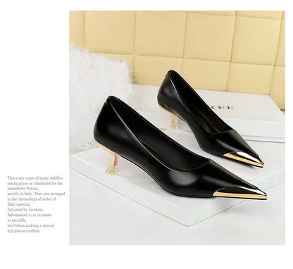 BIGTREE Retro Shallow Metal Pointed Toe High Heels Women Pumps  Stripper Elegant Party Thin Low Heels Black Heels Shoes