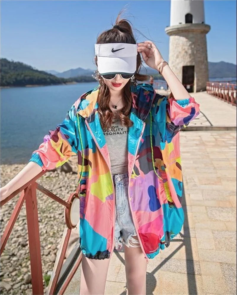 Female 2024 Summer New Camouflage Thin Sun Protection Clothing Women Short Anti-Ultraviolet Korean Sun Protection Clothing A1137
