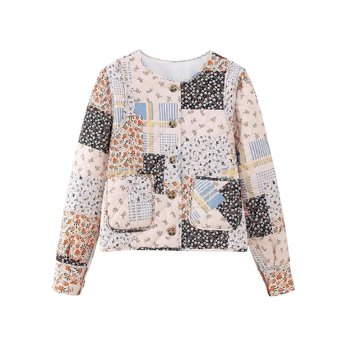 HH Floral Print Jacket For Women Autumn Quilted Reversible Cotton Coat Cardigan Long Sleeve Jackets Elegant Woman Streetwear