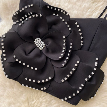 New French Sweet Strap Camisole Strapless 3D Floral Beading Diamonds Design Tops Elastic Ruched Slim Streetwear Tank Top