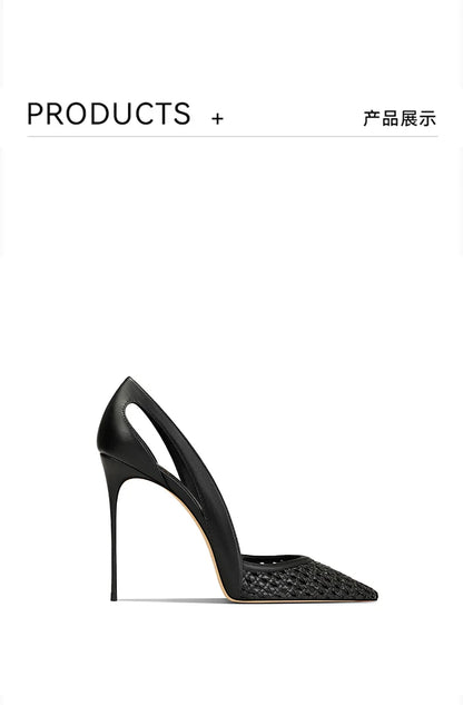 Summer New Women's Black Leather Woven Fashionable and Sexy Pointed Thin Heel High-heeled Shoes