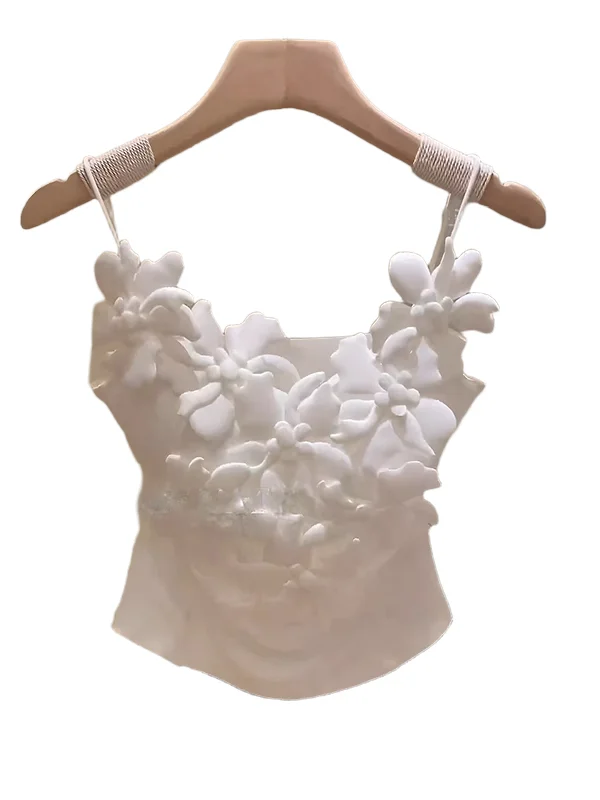 Summer New Style Women's White Strap Vest Gentle Wind 3D Flower Decoration Slim Fit Inner Wear Folded Design Outerwear Top