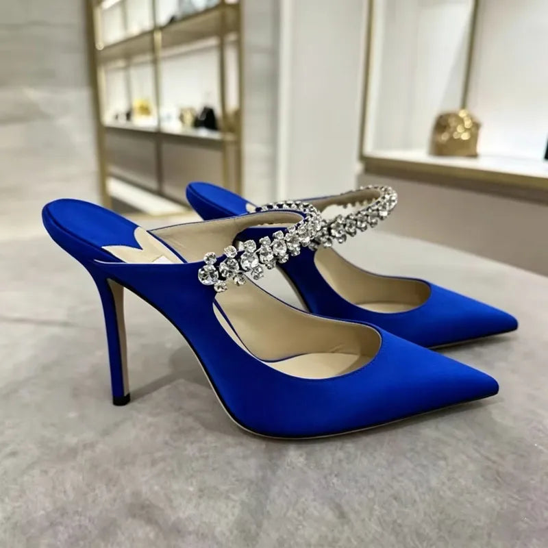 Women's Sandals 2026 New High Heels Fashion Water Diamond Chain Banquet Pointed Fine Heels Women's Muller Shoes