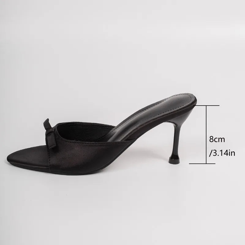Designer Thin High Heel Summer Women Slippers Fashion Satin Butterfly-knot Dress Slides Ladies Sexy Stripper Party Sandals