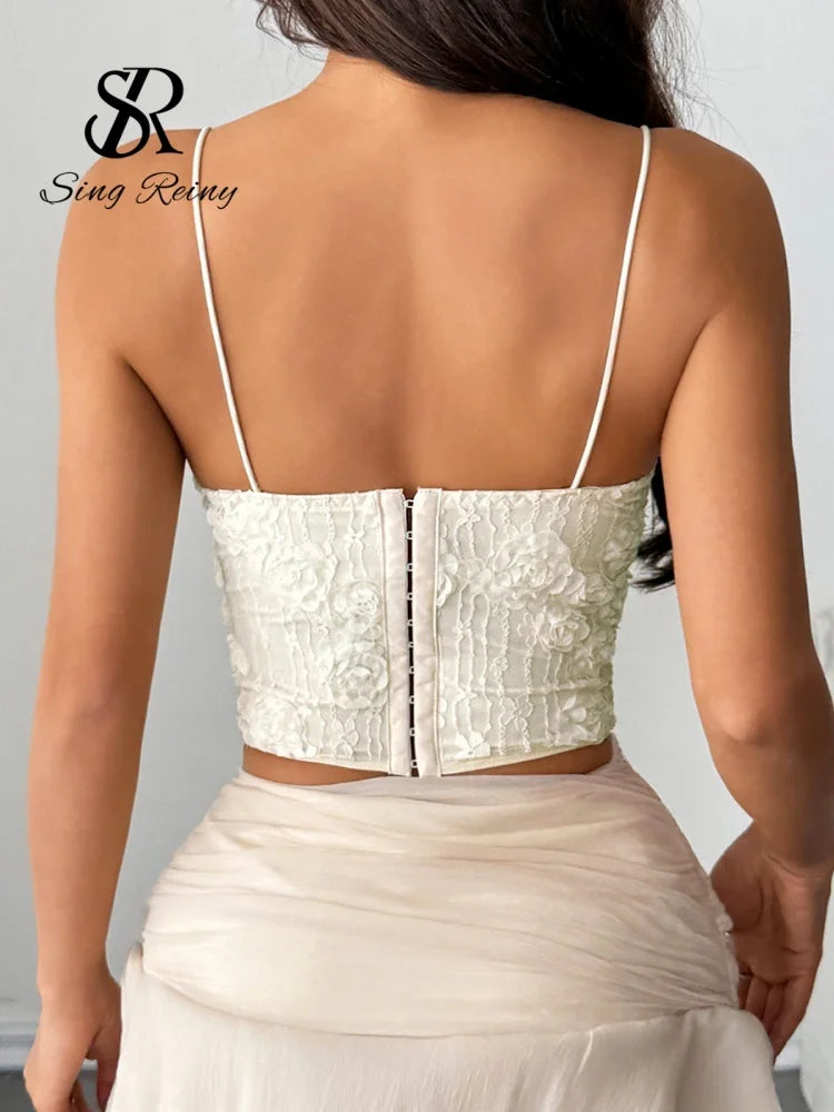 SINGREINY 3D Floral Jacquard Beach Party Tank Top Fashion Women Corset Embroidery Camisole French Hot Girl Vacation Y2K Slim Top