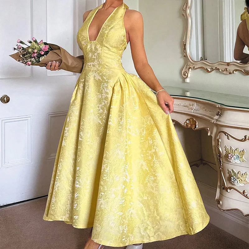 Evening Party Dresses Women Summer Sexy Bow Halter Long Dress Elegant Jacquard Lace Up Backless Birthday Robe