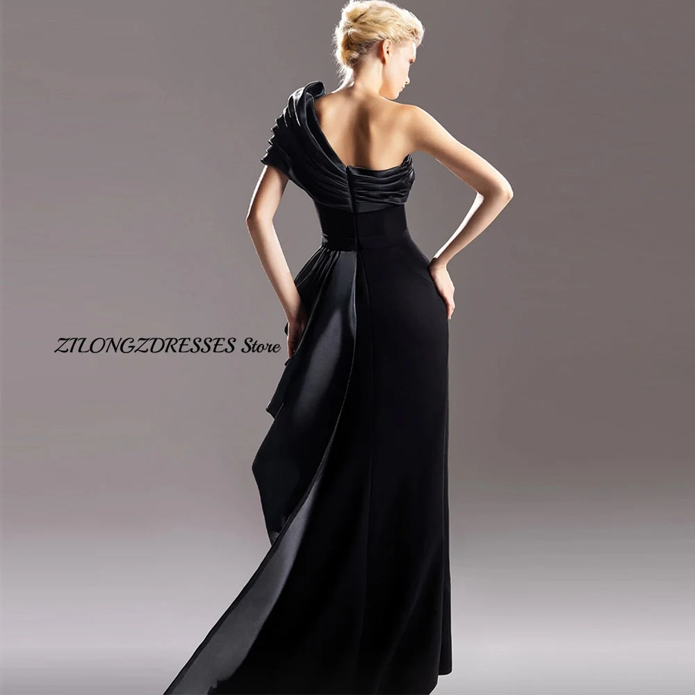 Elegant Black One Shoulder Customized Evening Dress Formal High Split Zipper Back Homecoming Dresses Special Occasion Gowns