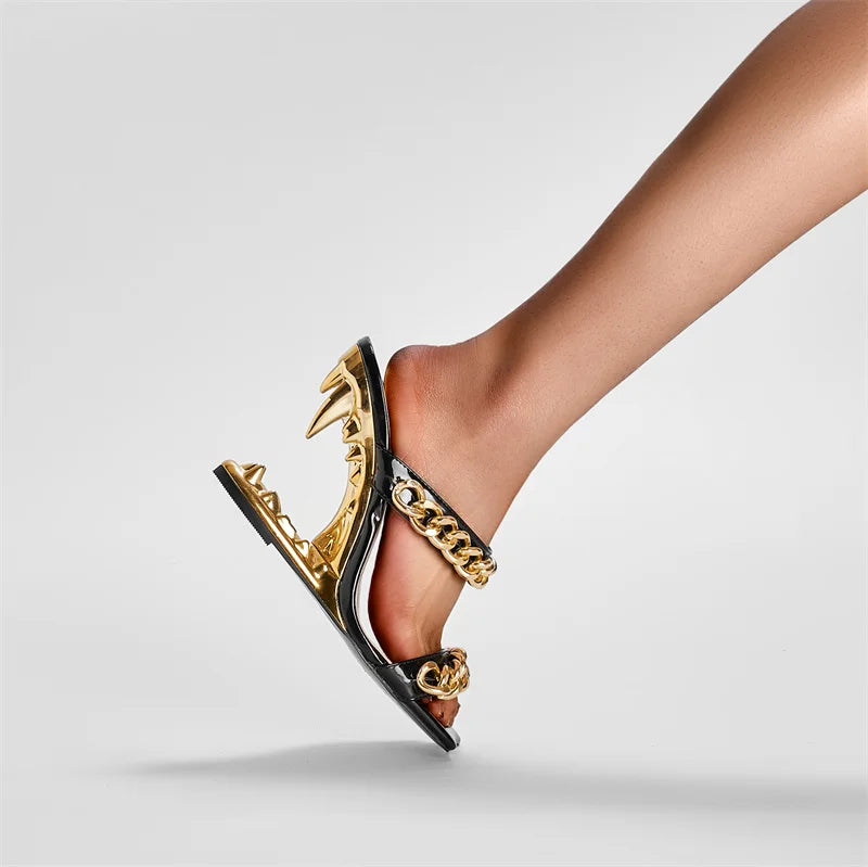 2026 Big Gold Chain Peep Toe Tiger Teeth Heel Sandals 2024 New Fashion Silvery Beach Party Outdoors Women's Slippers Size 35-43