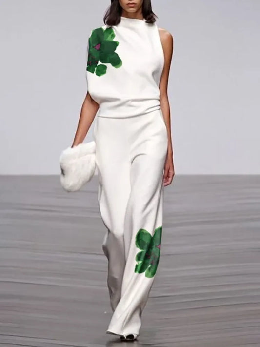 UOOZEE 2025 New Summer Women's 2 Piece Sets Fashion Floral Printed High Neck One-shoulder Tops & High Waisted Straight Leg Pants
