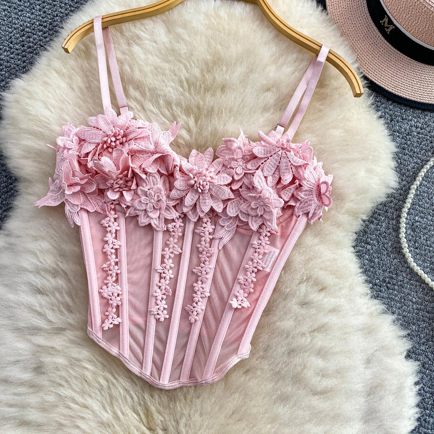 Slimming Floral Lace Crop Top Women's Summer Fashion Fishbone Design Strap Vest Breathable Short Style Sexy European Style