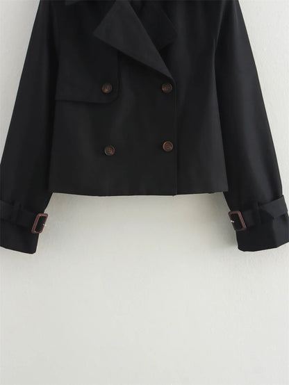 Ladies Vintage Cropped Trench Spring Autumn Jacket Women Streetwear Double Breasted Long Sleeve Top Female Chic Coat Outfits