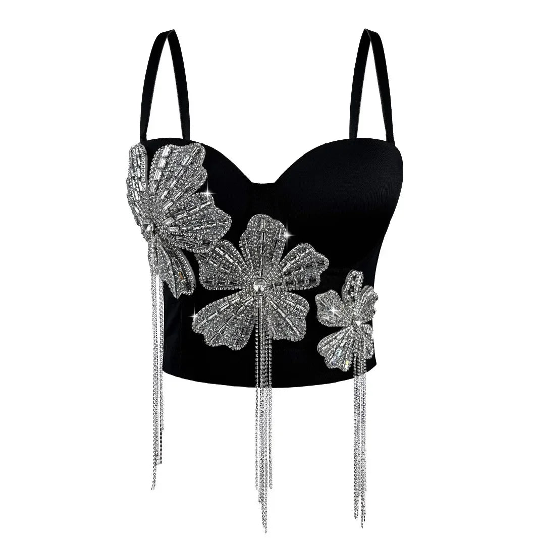 Fashion Women Diamonds Embroidery Flowers Tassel Bustier Corset Crop Tops To Wear suspender vest