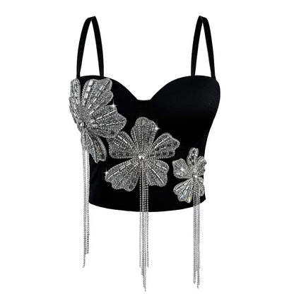 Fashion Women Diamonds Embroidery Flowers Tassel Bustier Corset Crop Tops To Wear suspender vest