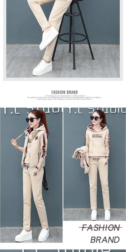 Women's Casual Fashion Autumn Winter New Sweat Suit Plush Thickened Hooded Tops and Waistcoat Pants 3 Three Piece Sets For Women