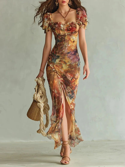 2026 Spring New Women V Neck Print Waist Cinched Ruffle Trim Loose Temperament Versatile Long Dress Fashion Vacation Style Dress