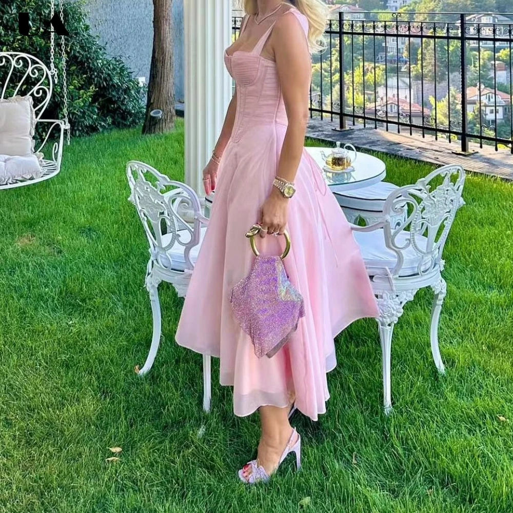 Elegant A-line Bow Ruched Midi Prom Dress, Sweet Strapless Lace-up Long Dress for Woman, Trendy Sleeveless Fishbone Party Dress