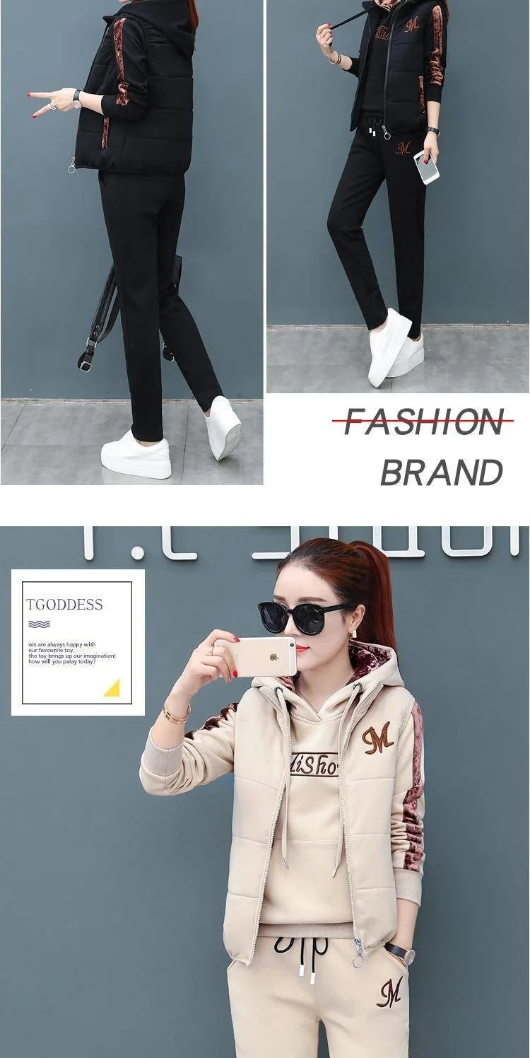 Women's Casual Fashion Autumn Winter New Sweat Suit Plush Thickened Hooded Tops and Waistcoat Pants 3 Three Piece Sets For Women