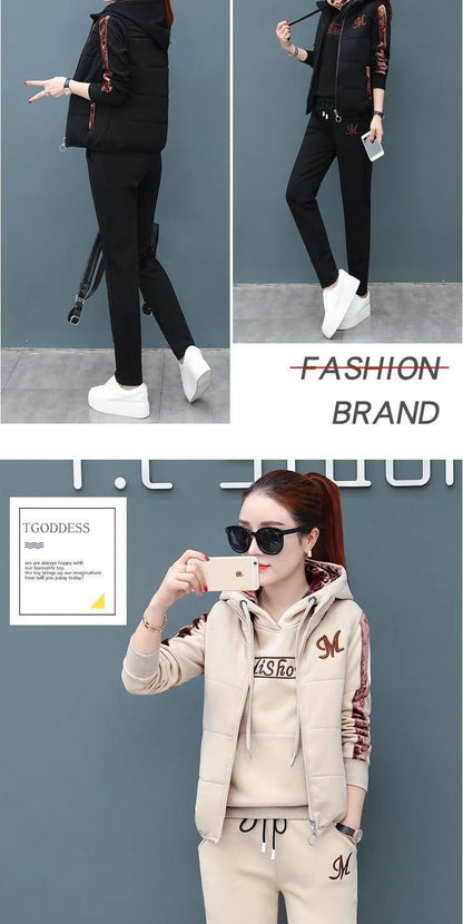 Women's Casual Fashion Autumn Winter New Sweat Suit Plush Thickened Hooded Tops and Waistcoat Pants 3 Three Piece Sets For Women