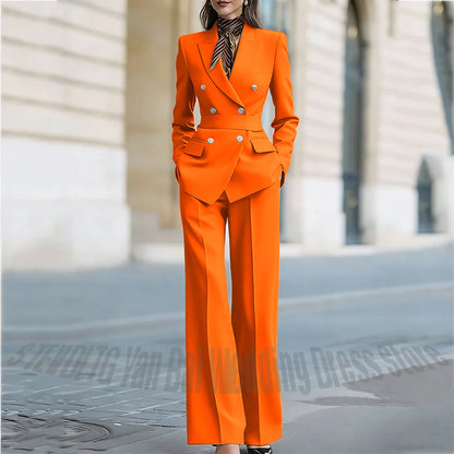 Customized Straight Women's Suits Two Pieces Classic Double Breasted Solid Color High Street Business Casual Office Suit Set